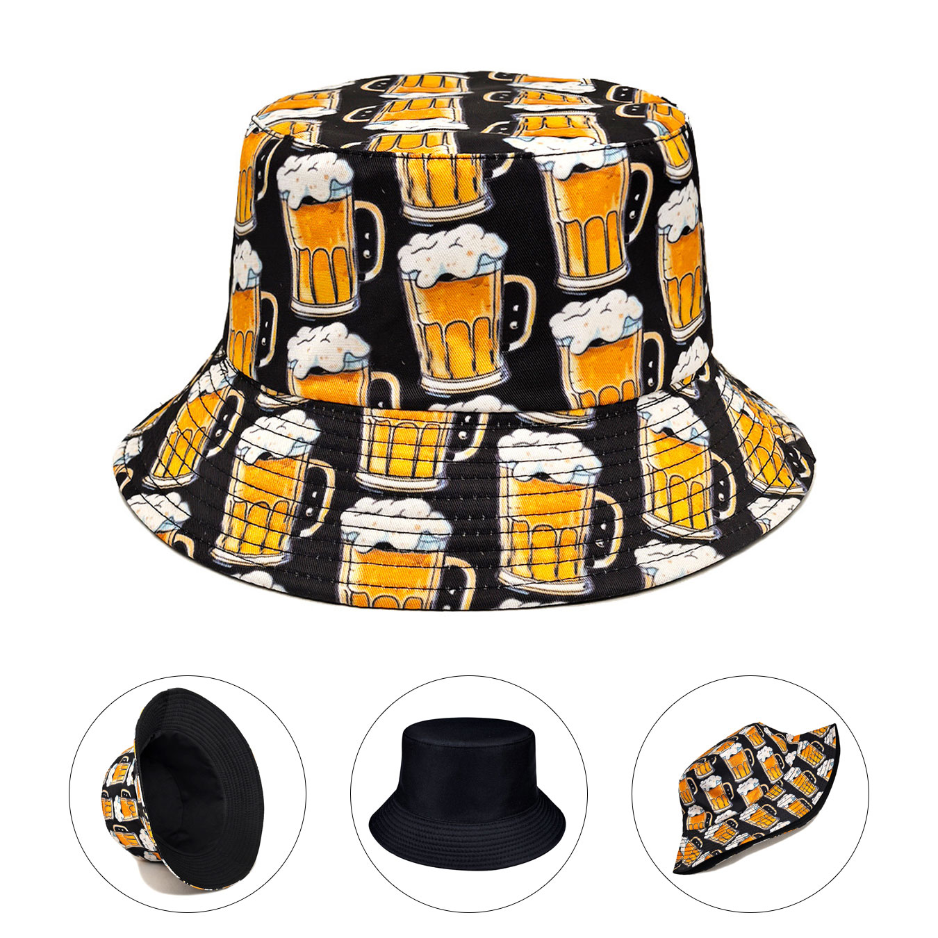 Outdoor Adventure Wear - ファッショナブルなビールプリントの両面バケットハット、日焼け防止ビーチハット、折りたたみ可能、オールシーズン対応、軽量でスタイリッシュな帽子、カジュアルウェア、アウトドアアクティビティ、ビーチ旅行に最適です。